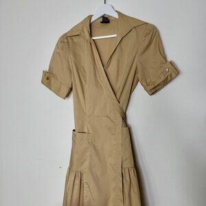 BOSTON PROPER | Khaki Poplin Wrap A-Line Dress - 4